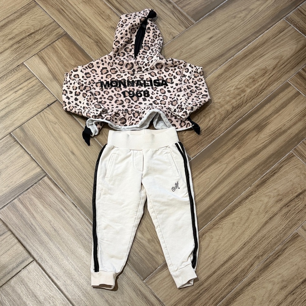 Monnalisa cotton girls Leopard Hoodie and Cream Joggers Set size 3